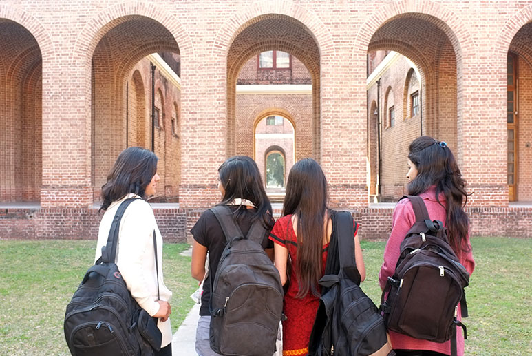 Back pose of female university students.